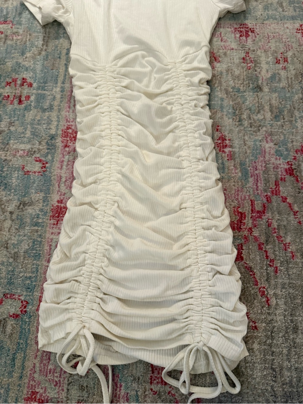 NIA White Ribbed Drawstring Ruched Bodycon Mini Dress - Picture 6 of 10